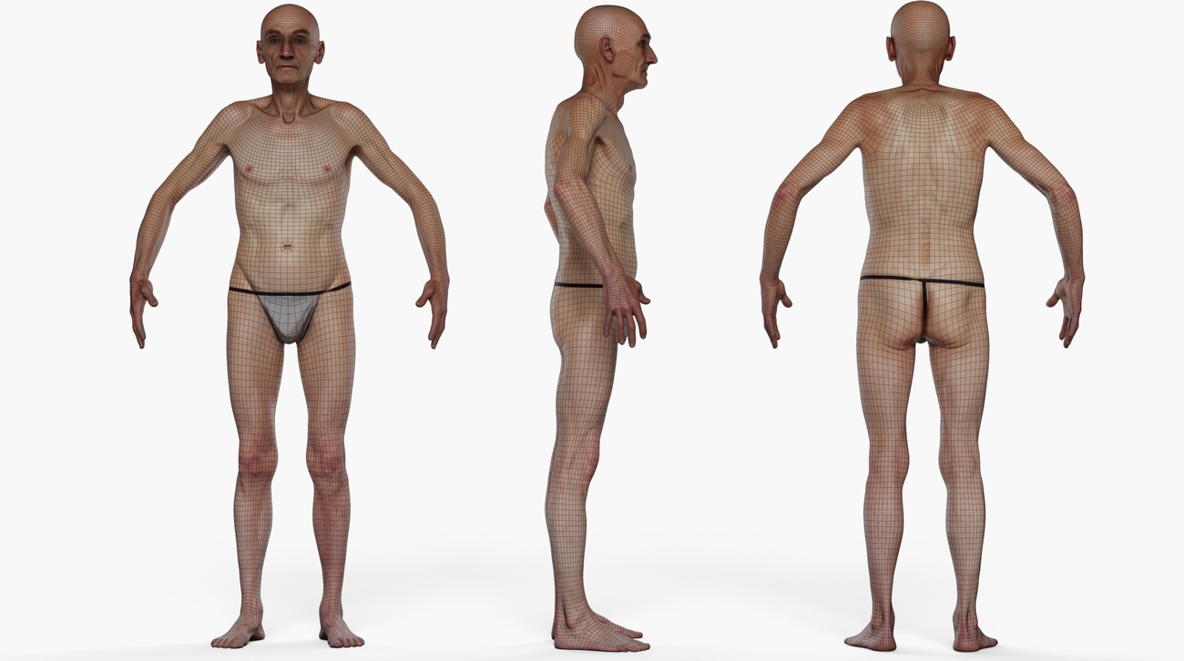 Wireframe topology overlay on a lean older male 3D body scan showing clean quad mesh edge loops